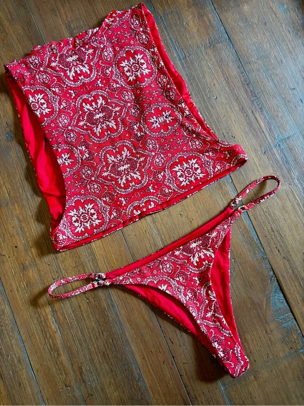 Frankie’s bikinis red bandana print bikini set